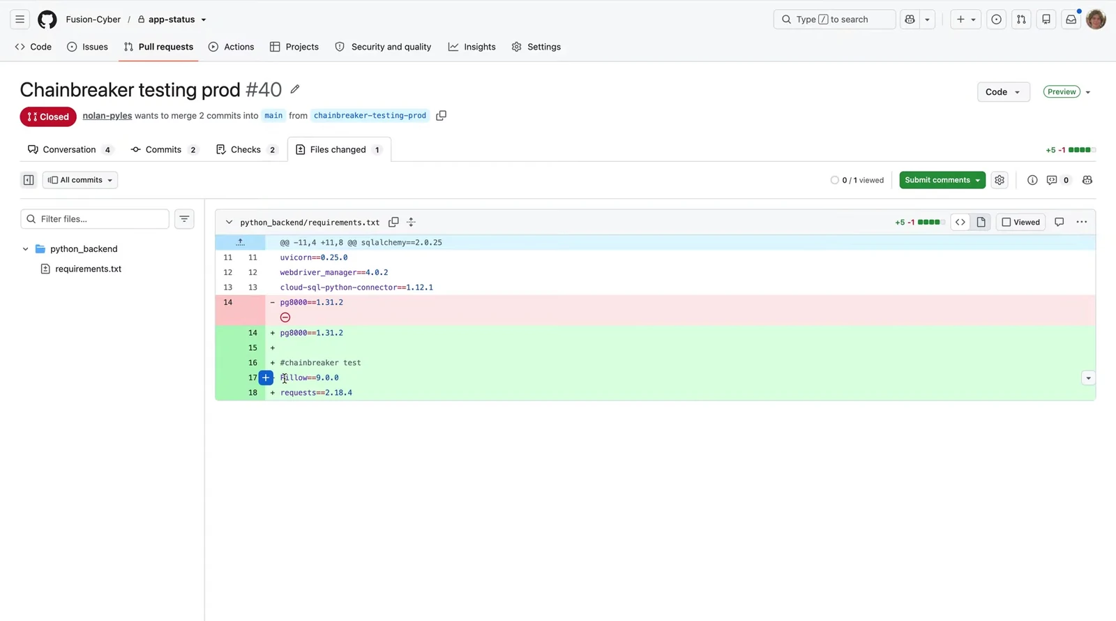 Code view showing changes in requirements.txt file.