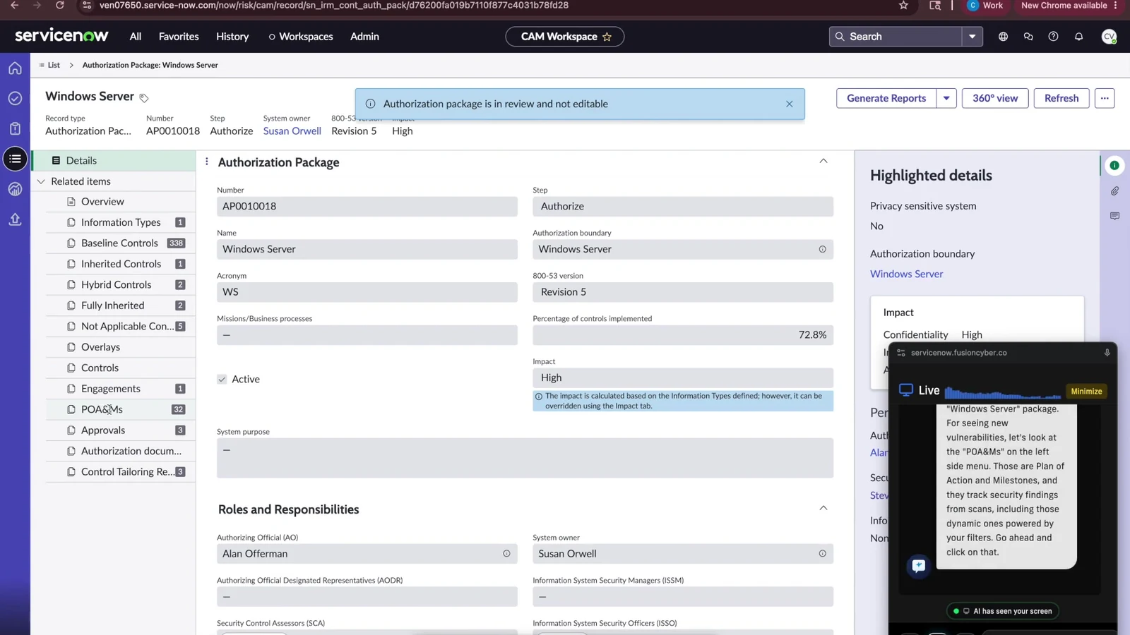 Authorization package details with roles and responsibilities listed.