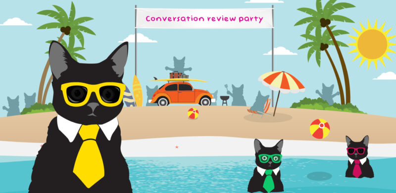 Klaus throwing a conversation review party on a beach.