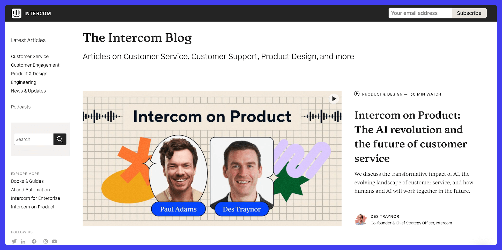 Intercom Customer Service Blog screenshot.