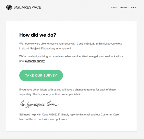 Customer feedback email example sent by Squarespace.