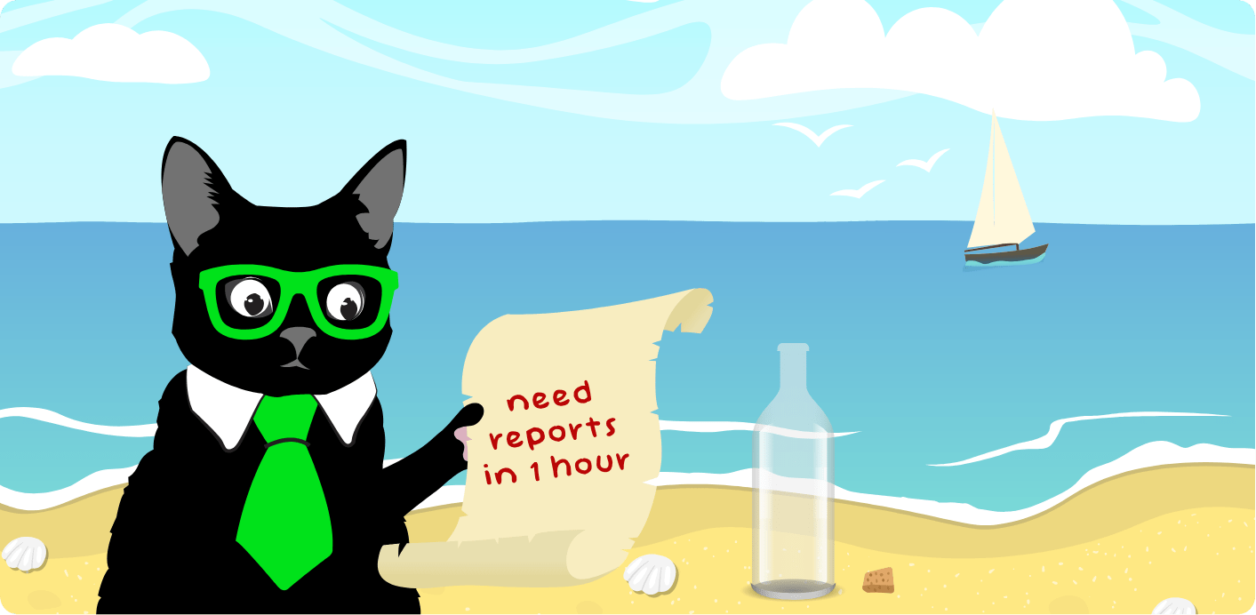 Klaus finding a message in a bottle that says: Need reports in 1 hour.