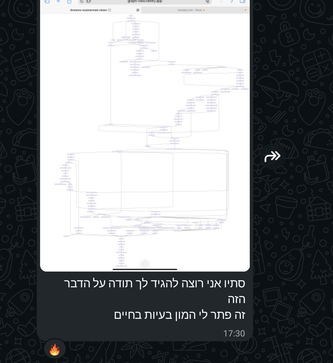 צילום מסך מתוך צ'אט ובו הודעת תודה והמלצה מלקוח: "סתיו אני רוצה להגיד לך תודה על הדבר הזה, זה פתר לי המון בעיות בחיים". מעל ההודעה מוצגת תמונה של תרשים ארכיטקטורה מורכב של מערכת אוטומציה וזרימת נתונים דיגיטלית.