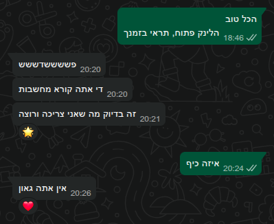 צילום מסך של התכתבות וואטסאפ עם לקוחה מרוצה המשבחת את העבודה: "פששששדששש", "די אתה קורא מחשבות", "זה בדיוק מה שאני צריכה ורוצה", ובהמשך: "אין אתה גאון" עם אימוג'י לב.