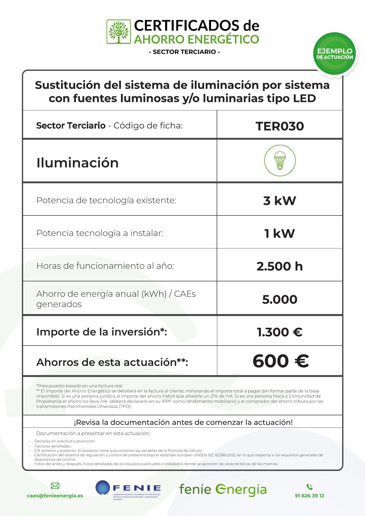 CAE TER030 - Sustitución del sistema de iluminación por sistema con fuentes luminosas y/o luminarias tipo LED