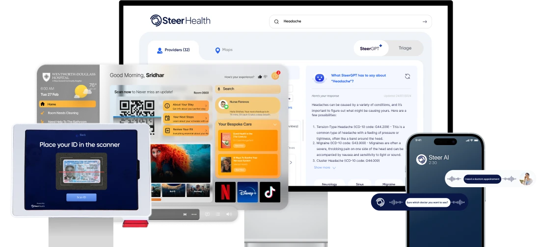 Steer Health across desktop, tablet, kiosk, and mobile experiences