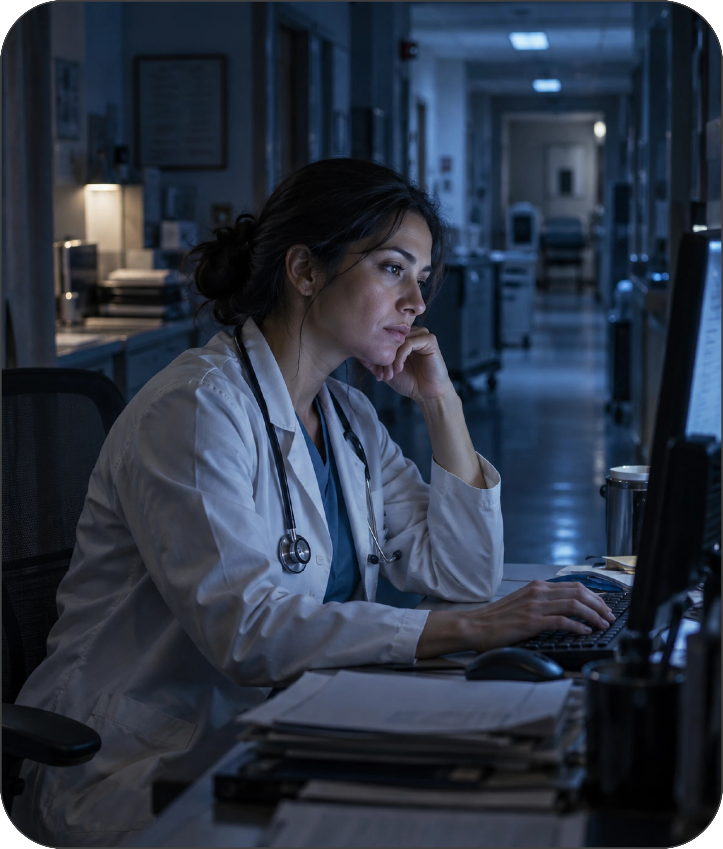 A physician charting alone at a computer late at night in a dim hospital corridor
