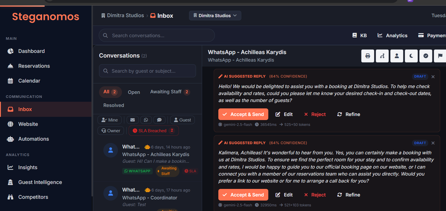 Steganomos Unified Inbox - AI-powered guest messaging across all channels