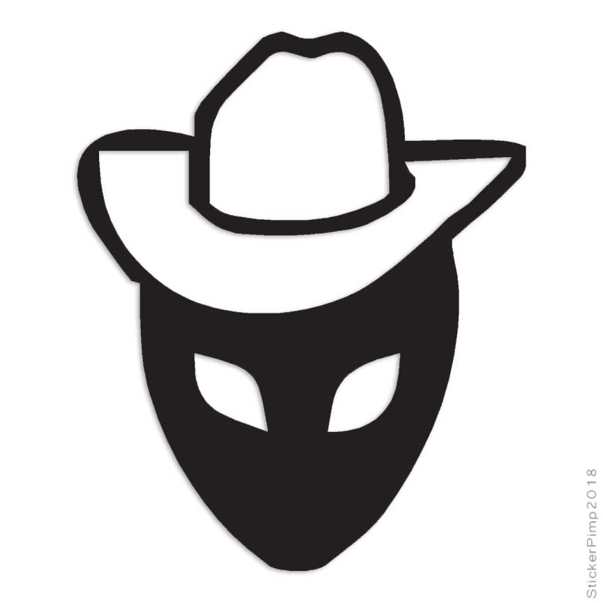Alien Face Cowboy Hat, Vinyl Decal Sticker, Multiple Colors & Sizes #3402