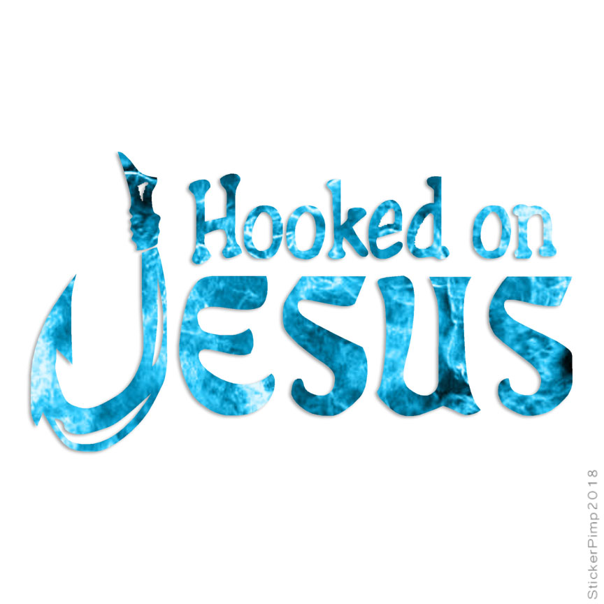 Hooked On Jesus Fishing, Vinyl Decal Sticker, 40 Patterns & 3 Sizes, #375