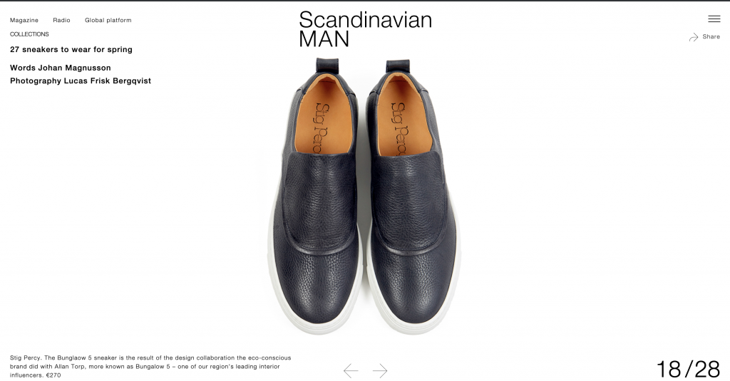 Swedish lifestyle magazine Scandinavian Man covers Stig Percy sneakers