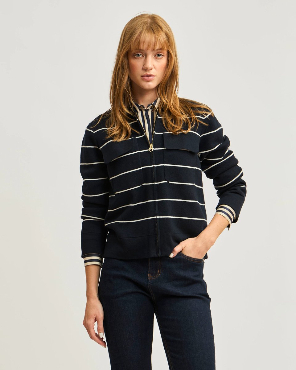 Cárdigan Zipper Camisero A Rayas Con Bolsillo De Tapeta