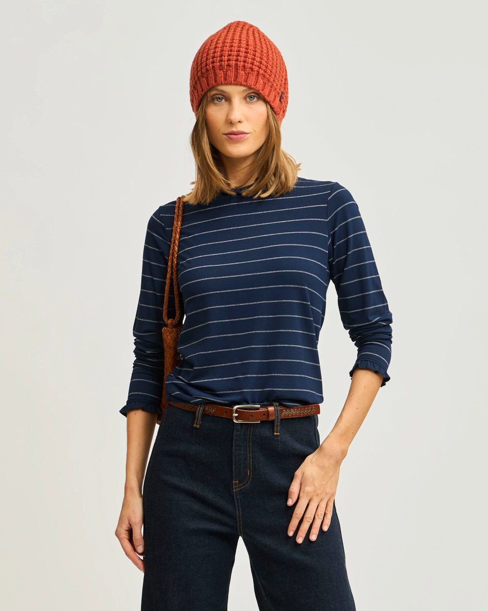 Polera Manga Larga Raya Lurex Cuello Mock Vuelos