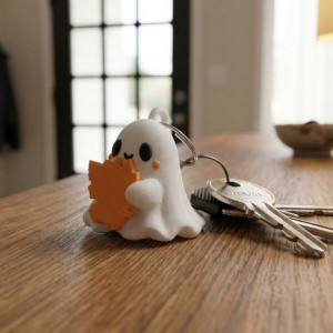 Cute Ghost Keychain with Autumn Leaf 3D model