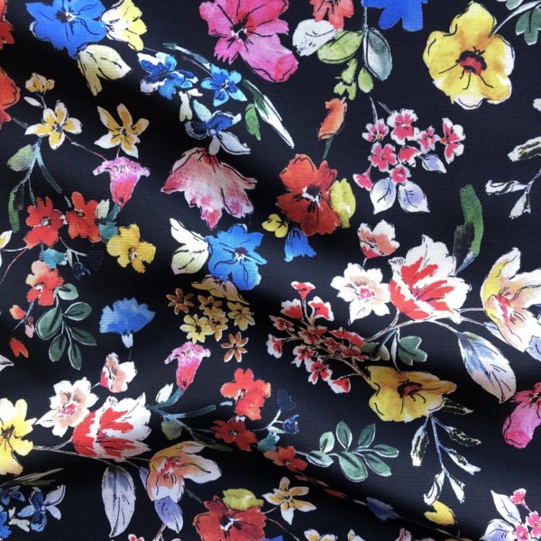 Italian Designer Silky Viscose Challis - Dancing Floret - Black ...