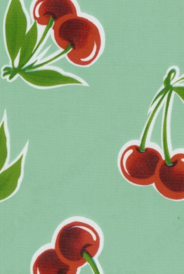 Oilcloth - Poly/Cotton Vinyl - Cherries - Aqua