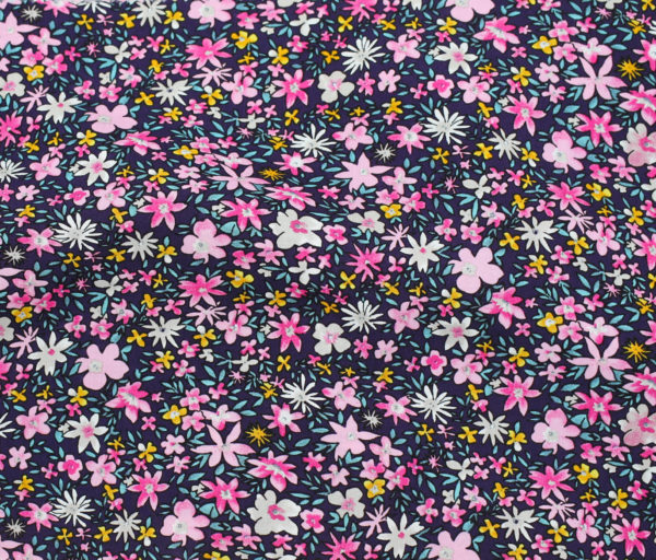 Rayon Poplin Print - Blooming - Navy/Pink