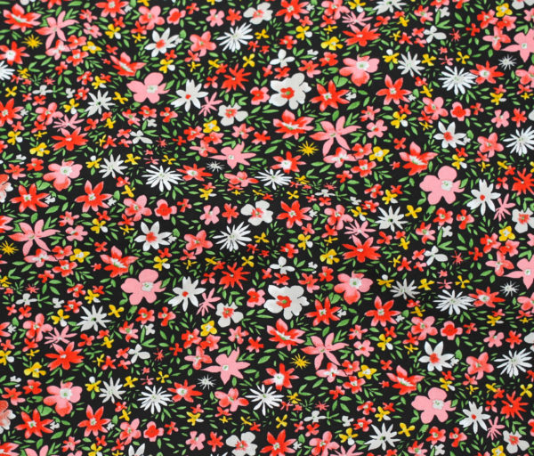 Rayon Poplin Print - Blooming - Black/Coral