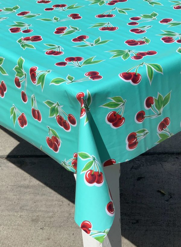 Oilcloth - Poly/Cotton Vinyl - Cherries - Aqua