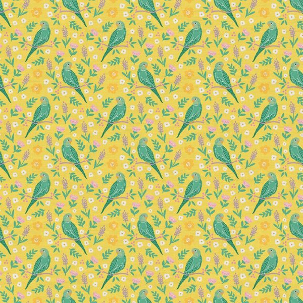 Quilting Cotton - Birds & Blooms - Budgies - Yellow