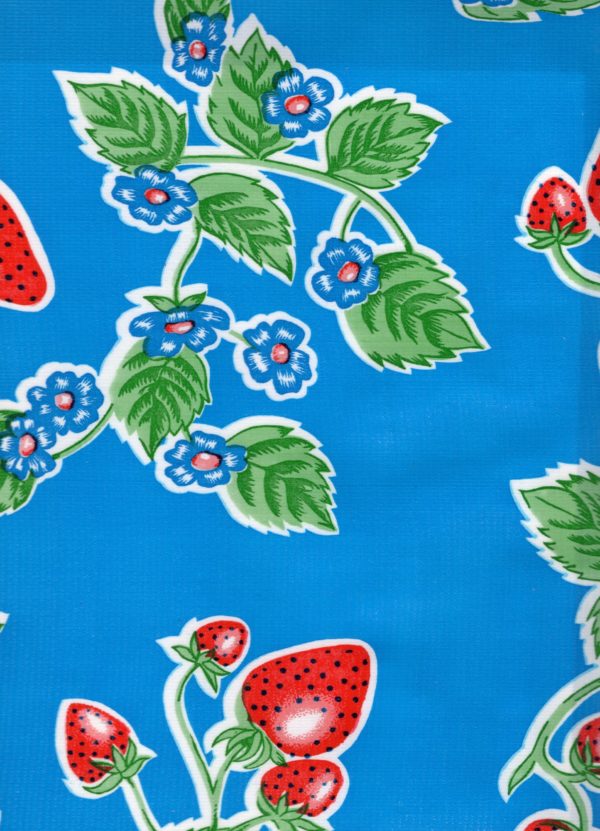 Oilcloth - Poly/Cotton Vinyl - Strawberries - Sky Blue
