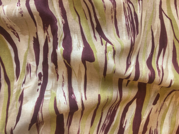 Deadstock Printed Linen – Painted Stripes – Split Pea/Burgundy