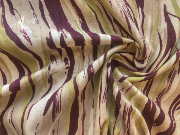 Deadstock Printed Linen – Painted Stripes – Split Pea/Burgundy