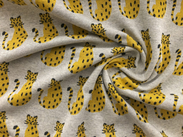 Kokka - Cotton Jacquard Knit - Leopards - Yellow/Grey