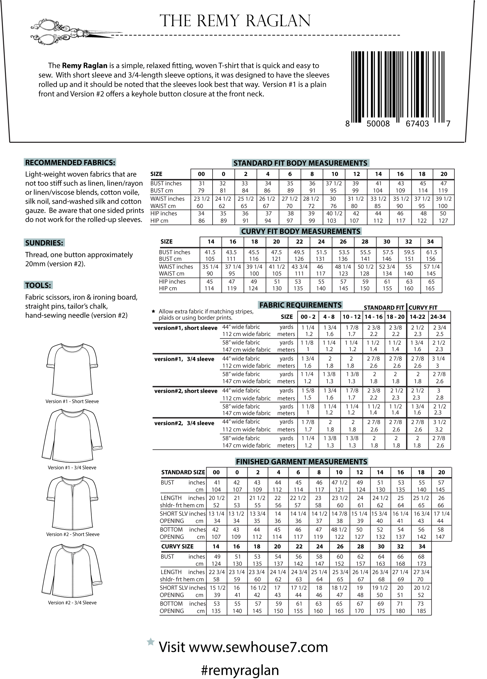 Sew House Seven Remy Raglan - Stonemountain & Daughter Fabrics