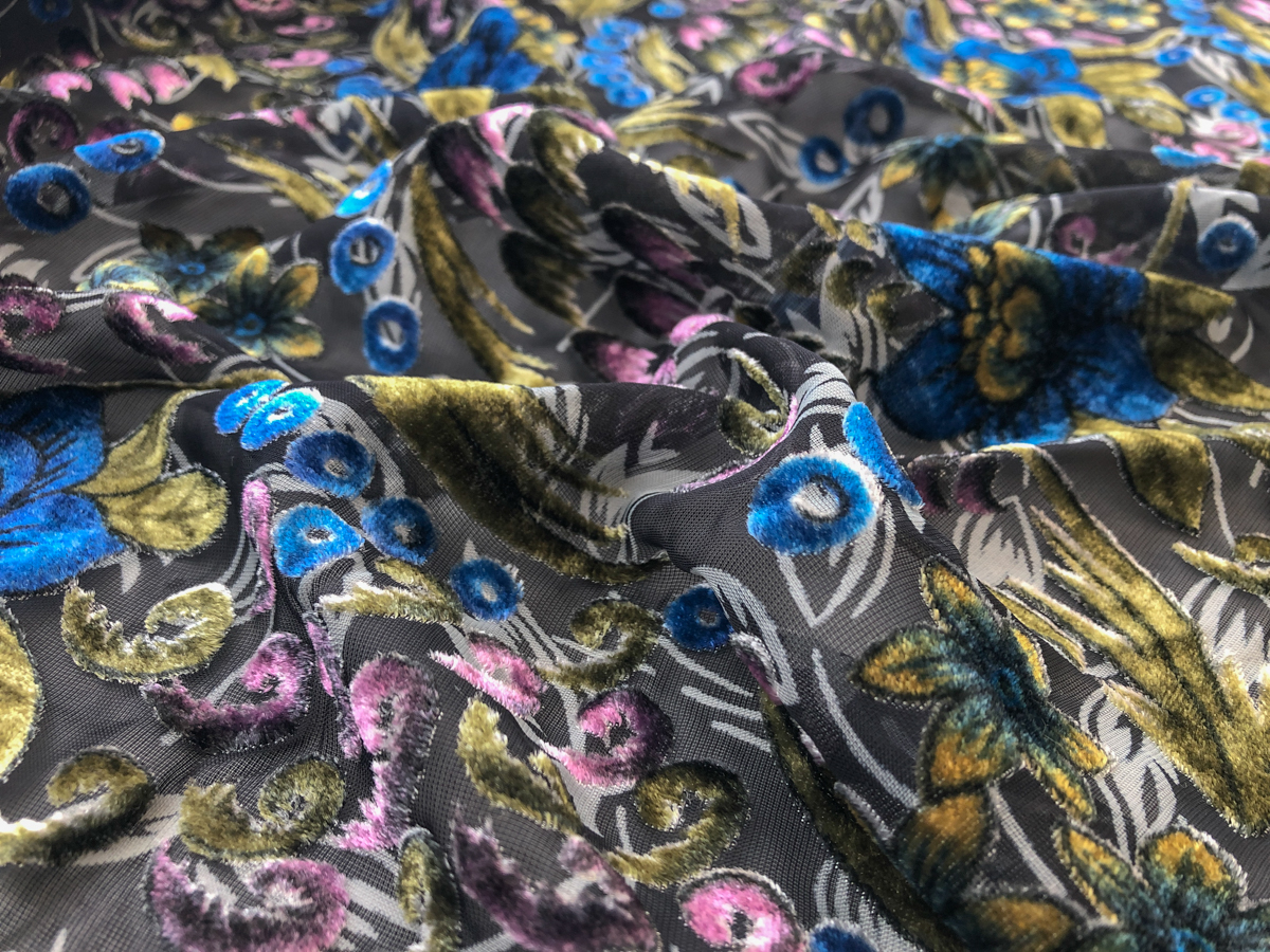 Dark Denim Blue Floral - Hand Dyed Burnout Silk Velvet