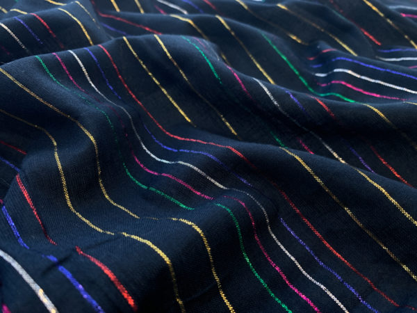 Handwoven Cotton/Lurex Stripes- Rainbow Metallic on Black