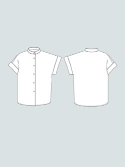 Front and back views of a short-sleeve, button-up shirt in white.