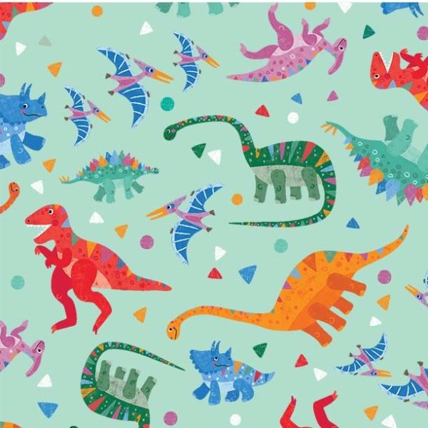 Quilting Cotton - Rainbow Dino - Dino Dance Party - Aqua