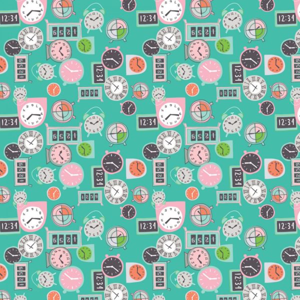 Quilting Cotton - Home Office - Clocks - Turquoise