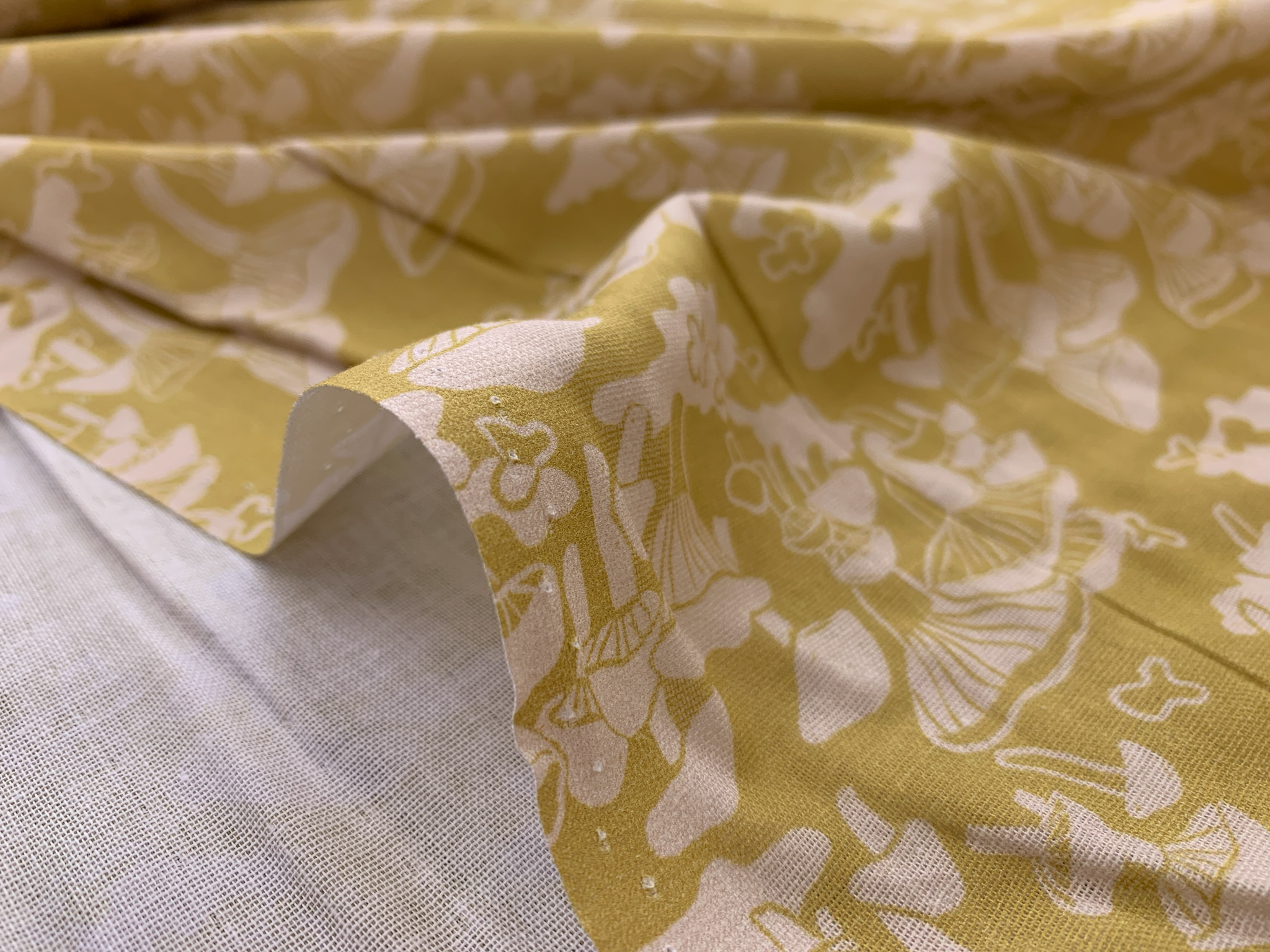 Organic Cotton Double Gauze Botanica Mushrooms Mustard Stonemountain & Daughter Fabrics