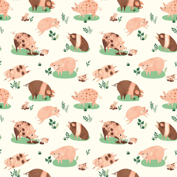 Quilting Cotton - Dale Farm - Happy Pigs - Light Cream