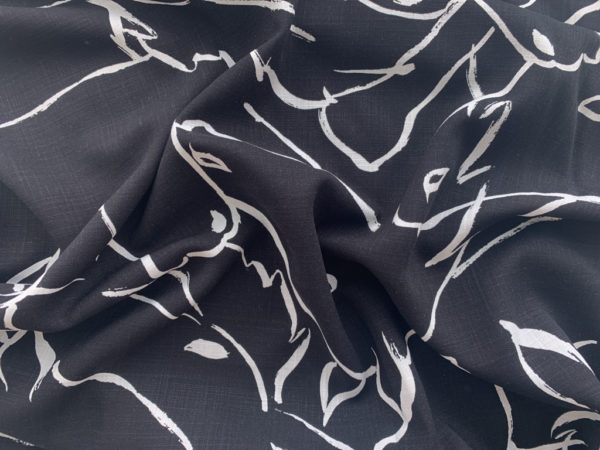 Printed Rayon Slub - Sketched Horses - Black