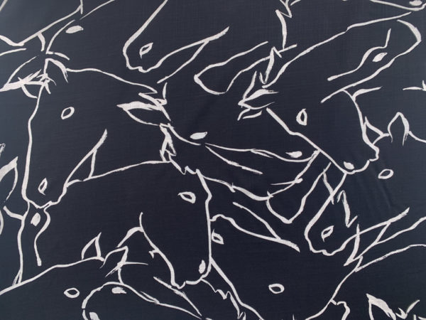 Printed Rayon Slub - Sketched Horses - Black