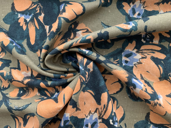 Hokkoh - Linen/Cotton Shirting - Painterly Floral - Green/Orange