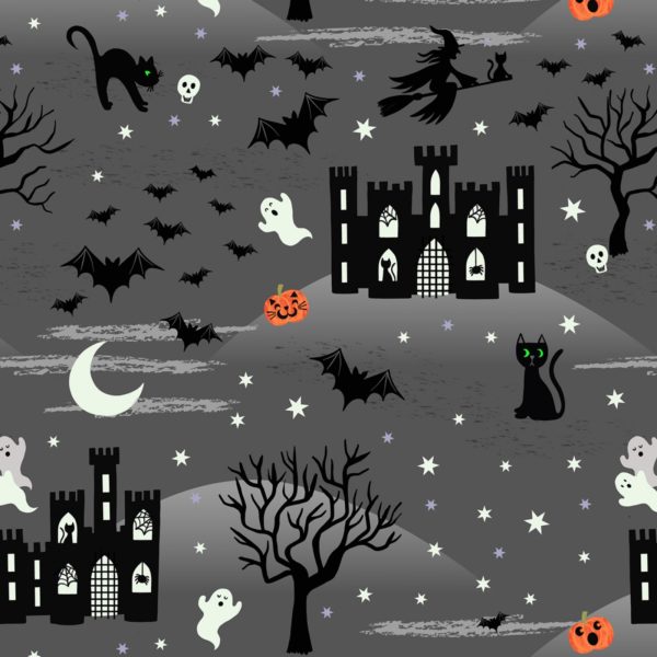 Quilting Cotton - Castle Spooky - Grey - Glow in the Dark