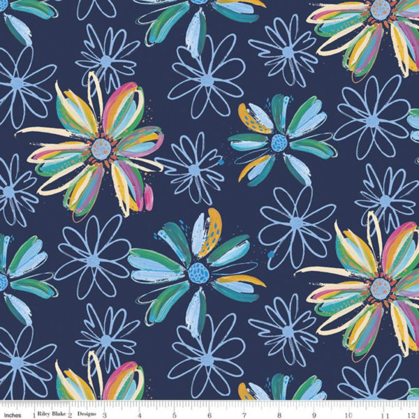 Designer Knit Cotton/Spandex Jersey - Flowers - Navy