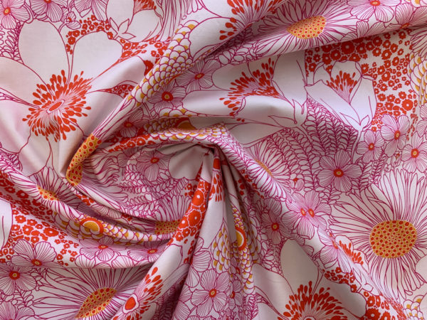 Cotton Stretch Poplin - Dahlia Bouquet - Tangerine