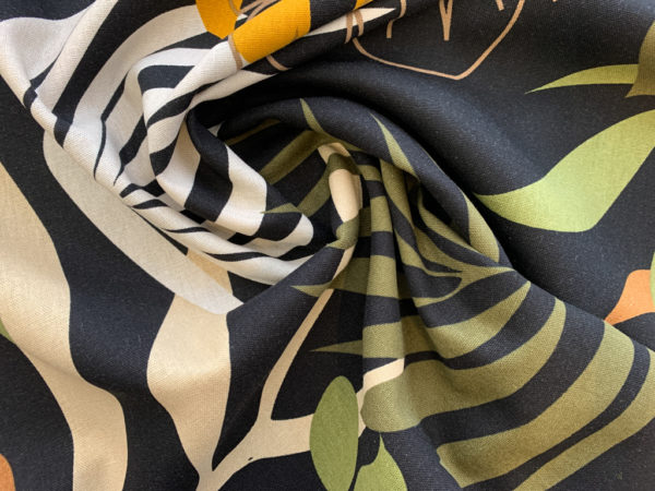 Printed Rayon/Linen - Jungle Leaves - Black