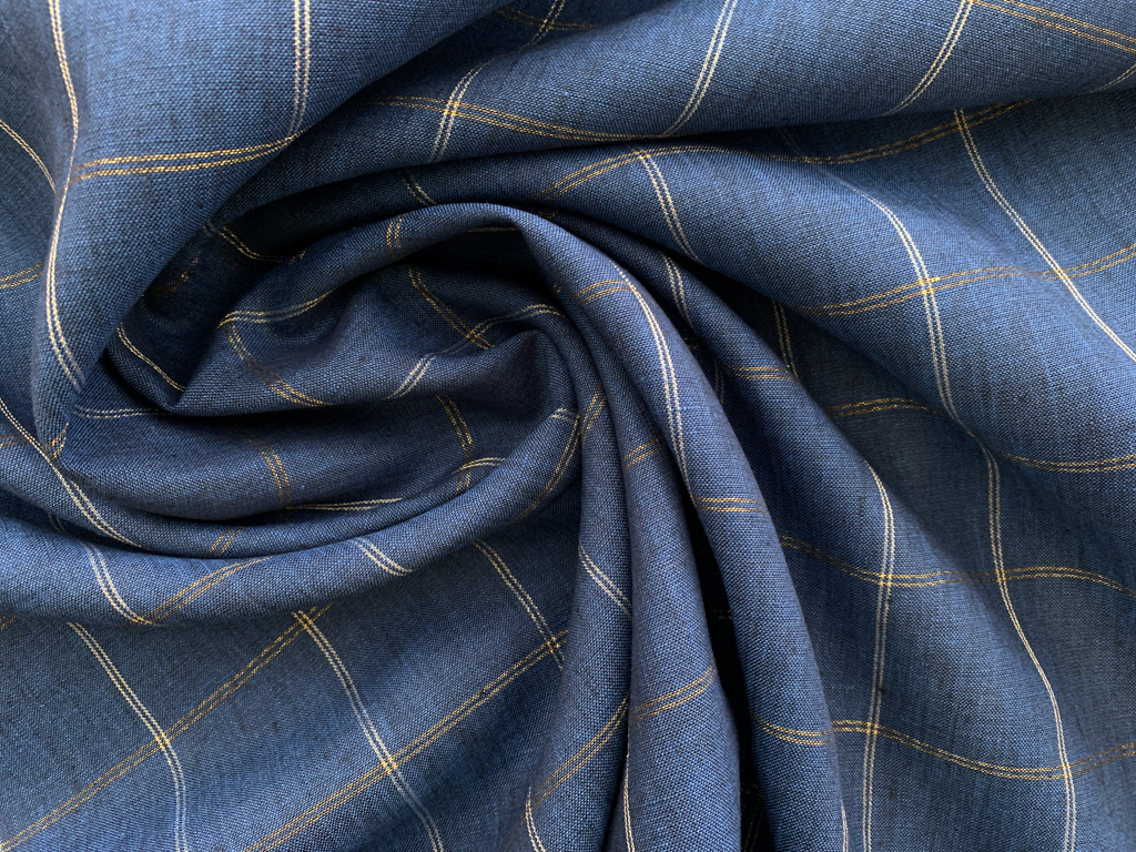 Yarn Dyed Linen - Gold Plaid - Dark Blue - Stonemountain & Daughter Fabrics