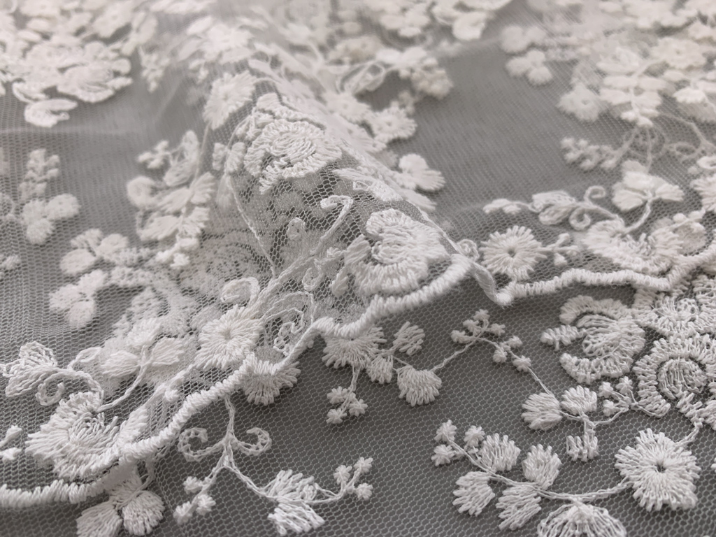 Embroidered Nylon/Cotton Tulle - Dainty Floral Lace - Ivory - Stonemountain  & Daughter Fabrics