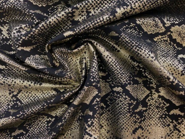 Designer Deadstock - Metallic Stretch Poly Brocade - Black/Gold Snakeskin