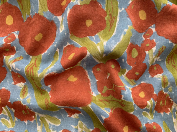 Hokkoh - Cotton/Linen Sheeting - Painted Poppies - Blue/Red