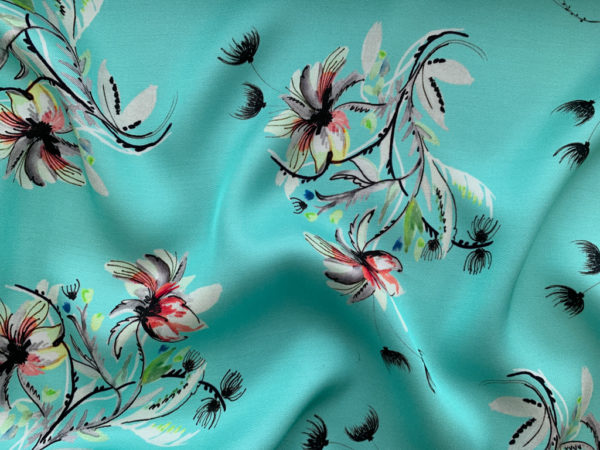 Designer Deadstock - Italian Viscose Twill - Hibiscus - Aqua