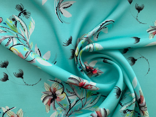 Designer Deadstock - Italian Viscose Twill - Hibiscus - Aqua