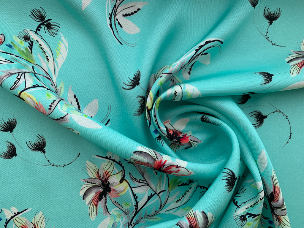 Designer Deadstock - Italian Viscose Twill - Hibiscus - Aqua ...